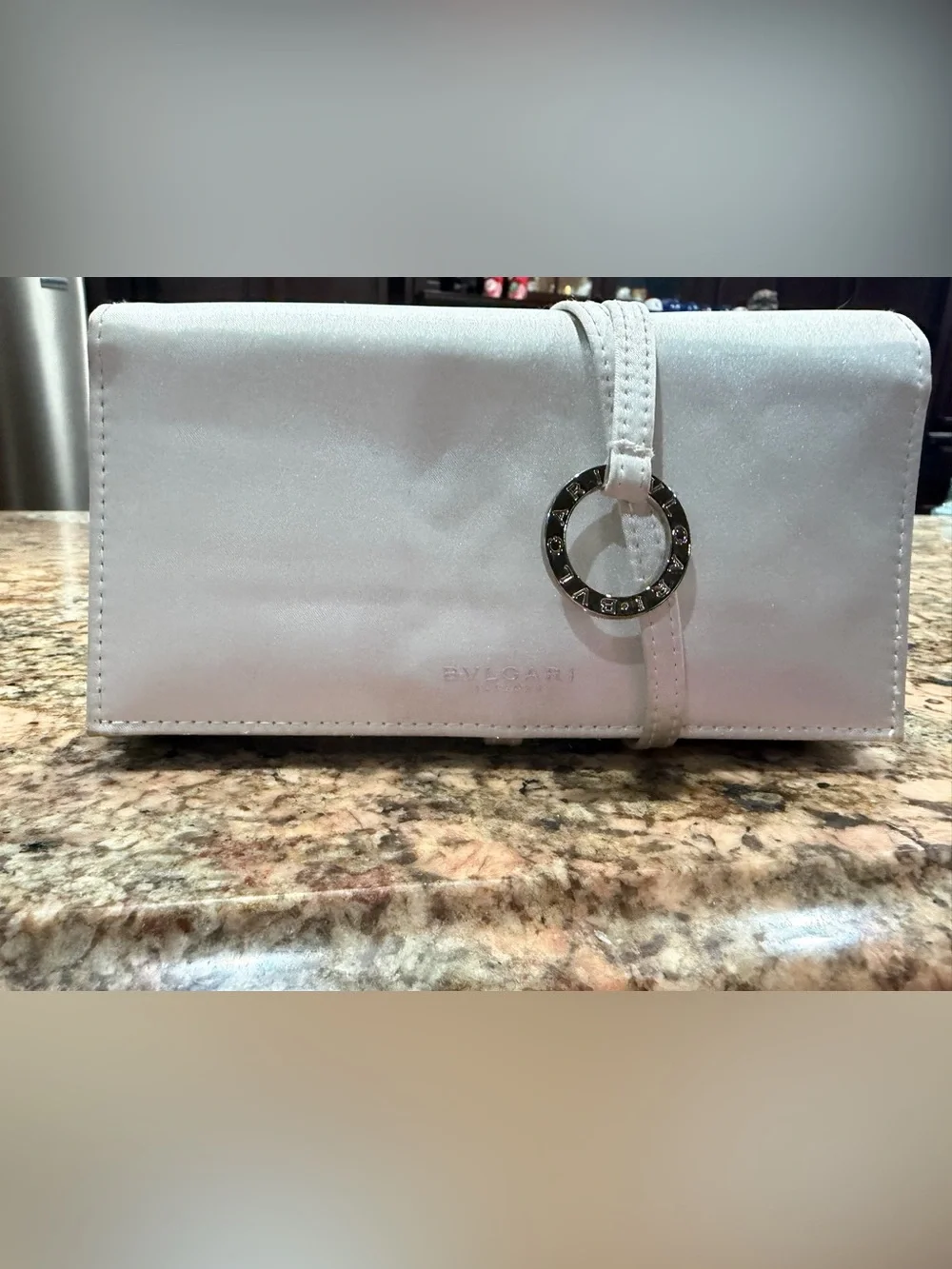 Bulgari White Silk Travel Clutch with Signature Ring